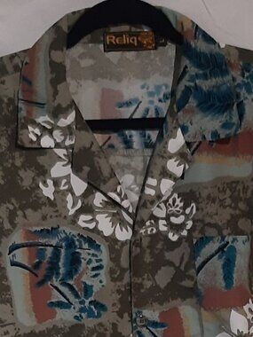 Reliq Olive Green Hawaiian Shirt, Men's L